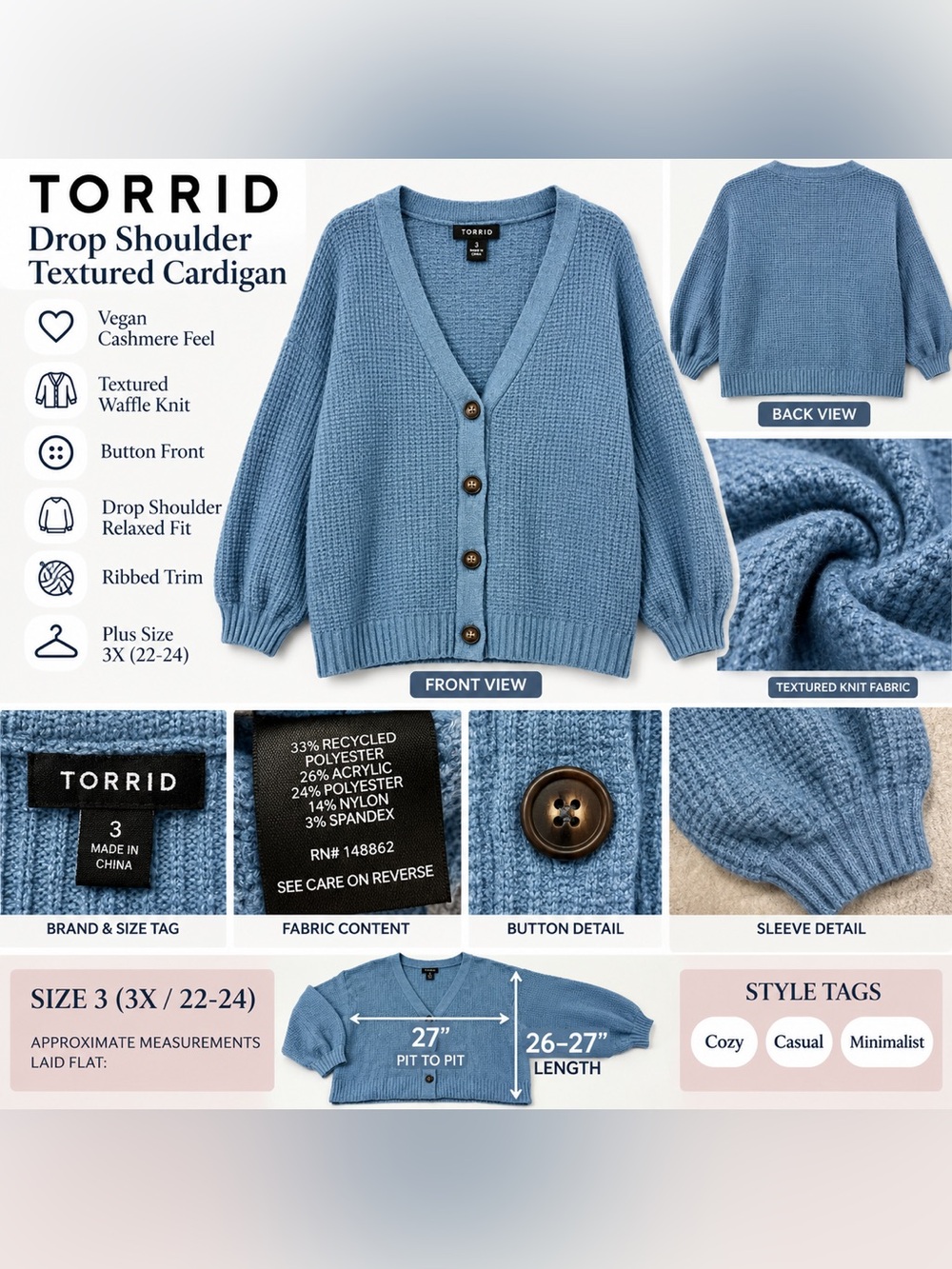 Torrid 3X Blue Textured Waffle Knit Cardigan Drop Shoulder Button Sweater